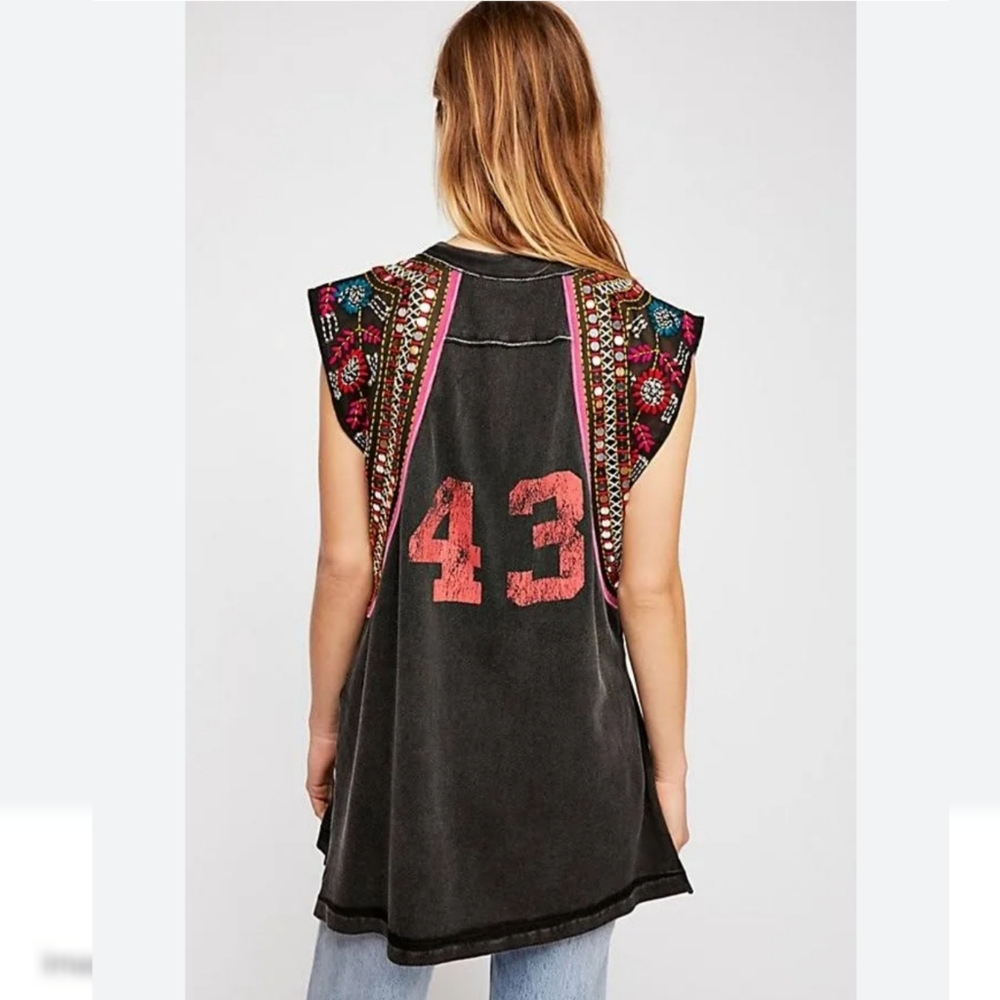 Free People Black Tank Top with Red Accents and Multicolor Embellished Shoulders - Picture 3 of 7